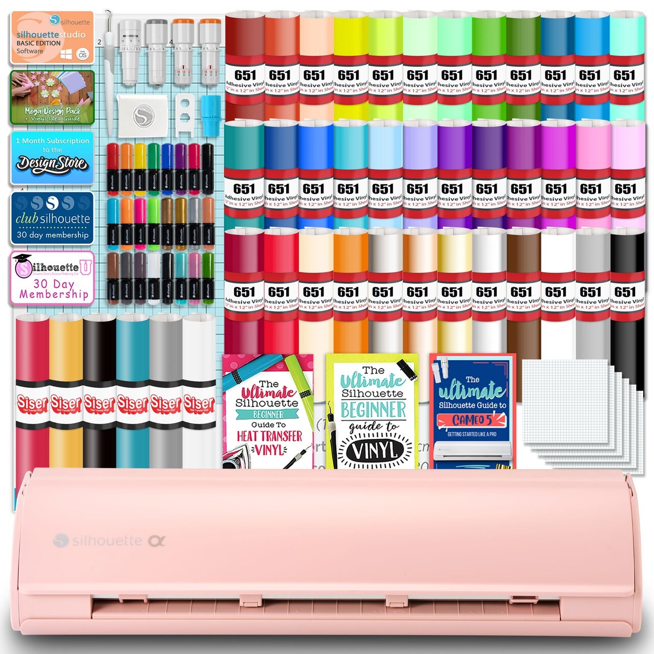 Silhouette Pink Cameo 5α Alpha w/ Advanced Blade Pack, 38 Oracal Sheets, HTV